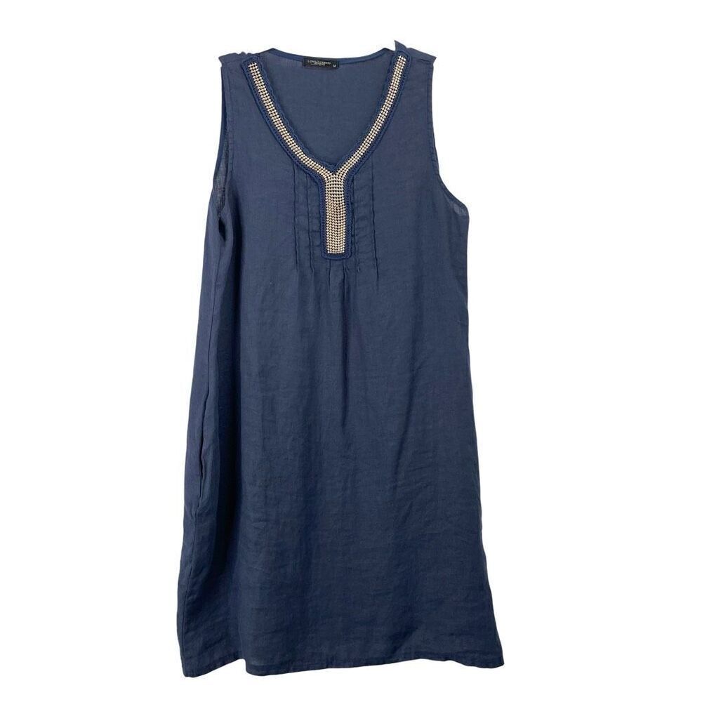 Lungo Larno 100% linen embellished v neck dress Size M navy blue made in Italy